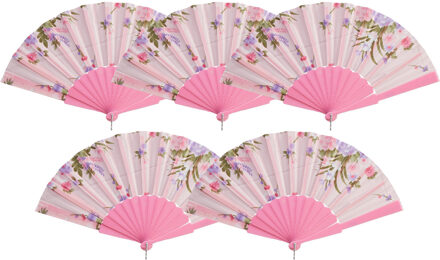 cepewa Handwaaier/spaanse waaier Flowers - 5x - roze - 30 cm - Verkleedattributen