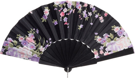 cepewa Handwaaier/spaanse waaier Flowers - zwart - 30 cm