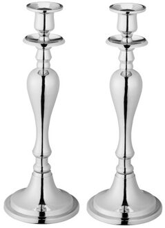 cepewa Kaarsen Kandelaar - Set van 2x stuks - klassiek - zilverkleurig - metaal - 11 x 30 cm - kaarshouder