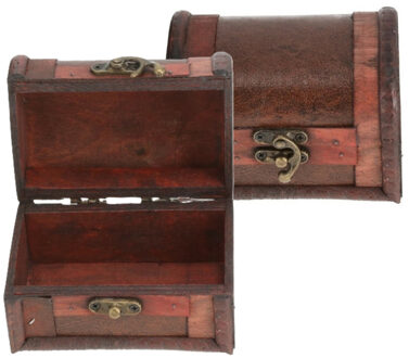 cepewa Klein sieradenkistje met sluiting/deksel - 2x - 11 x 8 x 8 cm - old look schatkist stijl - bruin
