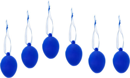 cepewa Paaseieren hangdecoratie - blauw - set van 6x stuks - 4 x 6 cm - kunststof - Paasversiering