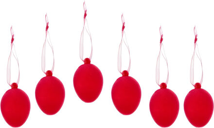 cepewa Paaseieren hangdecoratie - rood - set van 6x stuks - 4 x 6 cm - kunststof - Paasversiering