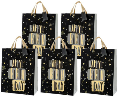 cepewa Set van 12x stuks papieren verjaardag giftbags/cadeau tasjes Happy Birthday zwart 25 x 32 x 12 cm