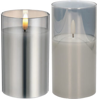 cepewa Set van 2x luxe led kaarsen in grijs glas 12.5 en 15 cm met timer