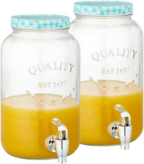 cepewa Set van 2x stuks glazen drankdispensers/limonadetap met blauw/wit geblokte dop 3,5 liter