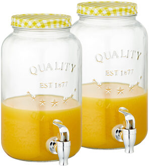 cepewa Set van 2x stuks glazen drankdispensers/limonadetap met geel/wit geblokte dop 3,5 liter