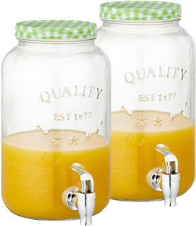 cepewa Set van 2x stuks glazen drankdispensers/limonadetap met groen/wit geblokte dop 3,5 liter