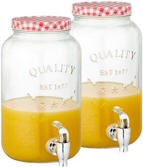 cepewa Set van 2x stuks glazen drankdispensers/limonadetap met rood/wit geblokte dop 3,5 liter