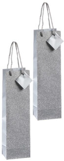 cepewa Set van 2x stuks luxe papieren wijn/drank giftbags/cadeau tasjes zilver met glitters 10 x 35 x 8 cm
