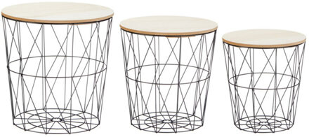 cepewa Set van 3x stuks bijzettafeltjes draadmanden hout/metaal 30/35/40 cm