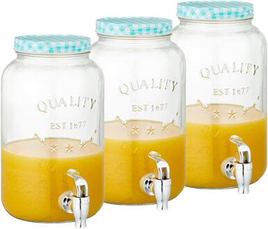 cepewa Set van 3x stuks glazen drankdispensers/limonadetap met blauw/wit geblokte dop 3,5 liter
