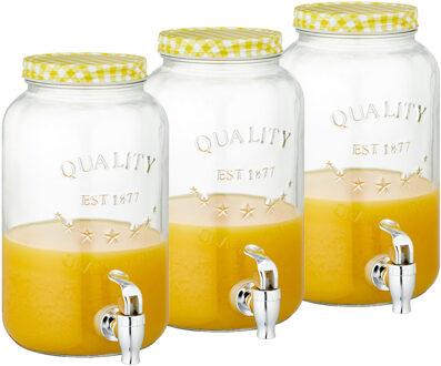 cepewa Set van 3x stuks glazen drankdispensers/limonadetap met geel/wit geblokte dop 3,5 liter