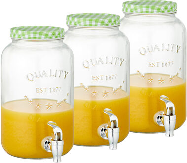 cepewa Set van 3x stuks glazen drankdispensers/limonadetap met groen/wit geblokte dop 3,5 liter