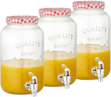 cepewa Set van 3x stuks glazen drankdispensers/limonadetap met rood/wit geblokte dop 3,5 liter
