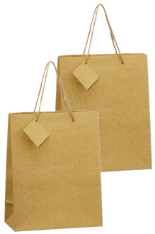 cepewa Set van 4x stuks luxe gouden papieren giftbags/cadeau tasjes met glitters 21 x 26 x 10 cm Goudkleurig