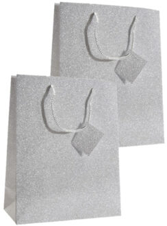 cepewa Set van 4x stuks luxe papieren giftbags/cadeau tasjes zilver met glitters 21 x 26 x 10 cm