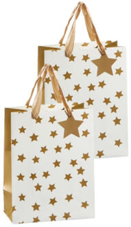 cepewa Set van 4x stuks papieren giftbags/cadeau tasjes goud met sterretjes 26 x 32 x 12 cm Goudkleurig