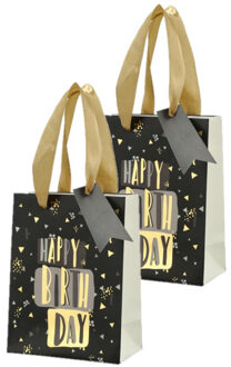 cepewa Set van 4x stuks papieren verjaardag giftbags/cadeau tasjes Happy Birthday zwart 11 x 14 x 6 cm - cadeautasjes