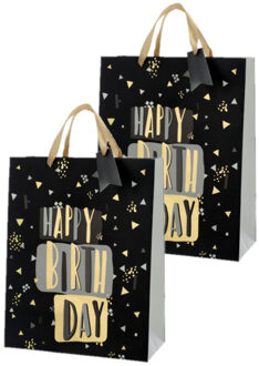 cepewa Set van 4x stuks papieren verjaardag giftbags/cadeau tasjes Happy Birthday zwart 25 x 32 x 12 cm - cadeautasjes