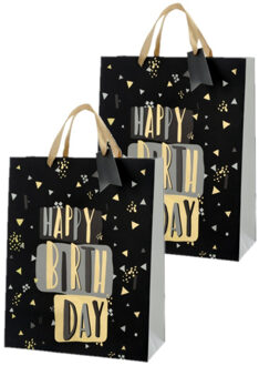 cepewa Set van 4x stuks papieren verjaardag giftbags/cadeau tasjes Happy Birthday zwart 25 x 32 x 12 cm