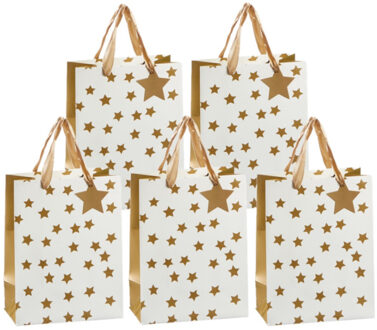 cepewa Set van 8x stuks papieren giftbags/cadeau tasjes goud met sterretjes 26 x 32 x 12 cm
