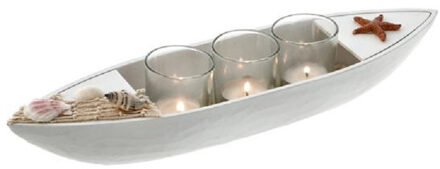 cepewa Theelichthouder houten bootje - wit - 40 cm - MDF en glas - woondecoratie