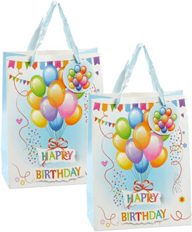 cepewa verjaardag giftbags/cadeau tasjes - 2x - blauw - happy birthday - ballonnen - 17 x 23 x 9 cm