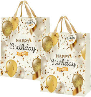 cepewa verjaardag giftbags/cadeau tasjes - 2x - goud - happy birthday - ballonnen - 25 x 32 x 12 cm