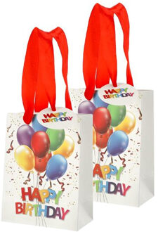 cepewa verjaardag giftbags/cadeau tasjes - 6x - wit - happy birthday - ballonnen - 11 x 14 x 6 cm