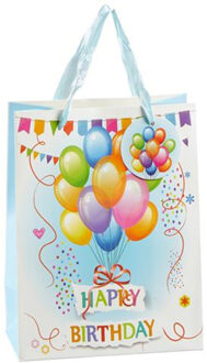 cepewa verjaardag giftbags/cadeau tasjes - blauw - happy birthday - ballonnen - 17 x 23 x 9 cm