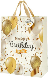 cepewa verjaardag giftbags/cadeau tasjes - goud - happy birthday - ballonnen - 17 x 23 x 9 cm Goudkleurig