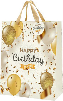 cepewa verjaardag giftbags/cadeau tasjes - goud - happy birthday - ballonnen - 25 x 32 x 12 cm Creme