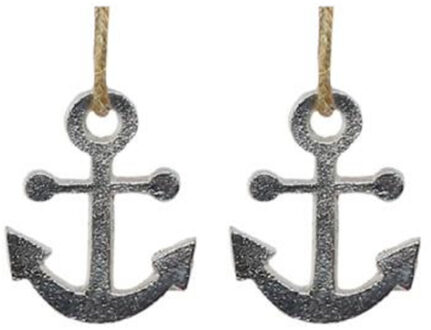 cepewa Zilveren anker hangertjes - 1x - aan jute touw - 6 cm - Maritieme decoraties - kerstboom hangers