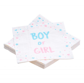 CHAKS Baby Gender Reveal servetten - 20x stuks - roze/blauw - Boy or Girl - 33 x 33 cm