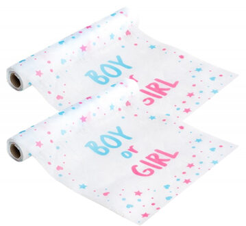 CHAKS Baby Gender Reveal tafelloper - 2x - papier - op rol - roze/blauw - Boy or Girl - 5 meter