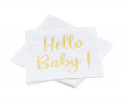 CHAKS Baby kraamfeest/geboorte servetten - Hello Baby! - 20x - wit/goud - babyshower - 33 cm