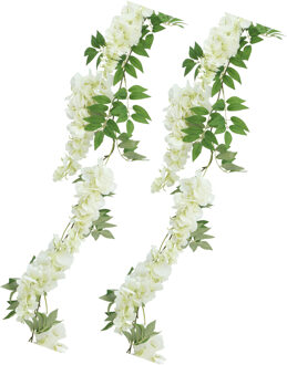 CHAKS Blauweregen/wisteria - 2x - slinger - kunstbloemen - wit - 110 cm - kunstplanten