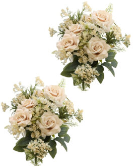CHAKS Bruidsboeket rozen - kunstbloemen - 2x - ivoor/zalm kleurig - H41 cm