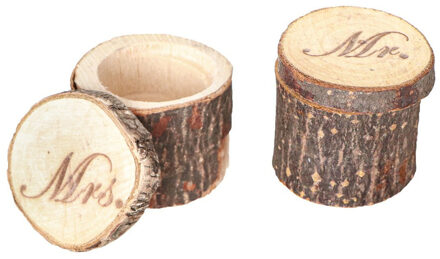 CHAKS Bruiloft/huwelijk trouwringen boomstammetje hout - MR & MRS - ringdoosje - D6 x H4 cm - Feestdecoratievoorwerp