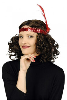 CHAKS Charleston hoofdband - met pauwen veer en kraaltjes - rood - dames - jaren 20 thema