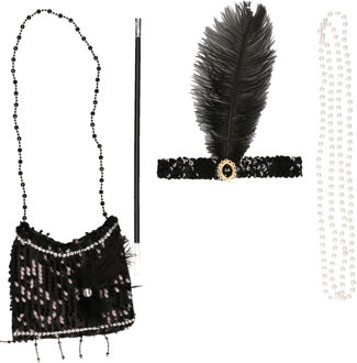 CHAKS Charleston verkleed set - 4-delig - zwart/wit - voor volwassenen