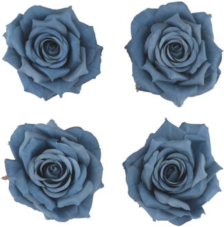 CHAKS Decoratie rozen set - kunststof - 4x stuks - blauw - 9,5 x 5,5 cm - bruiloft decoratie