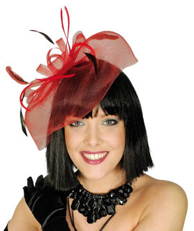 CHAKS Diadeem/tiara - rode sluier met strik en veertjes - voor volwassenen - jaren 20 - flapper