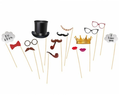 CHAKS Foto props huwelijk thema set - 15x delig - op stokjes - photobooth props
