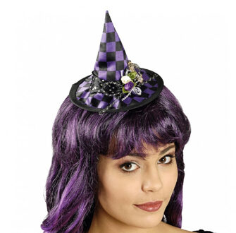 CHAKS Halloween heksenhoed - mini hoedje op diadeem - one size - zwart/paars - meisjes/dames