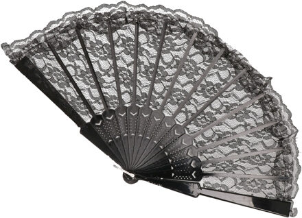 CHAKS Handwaaier/Spaanse waaier van kant - zwart - polyester - 44 cm
