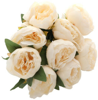 CHAKS Huwelijksboeket kunstbloemen - pioenen - 9x - ivoor/zalmkleurig - L43 cm