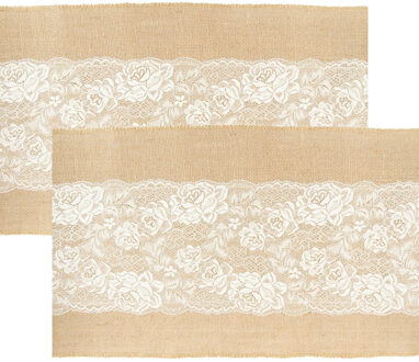 CHAKS Jute tafelloper - 2x - met wit kant - 28 x 300 cm