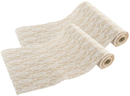 CHAKS Jute tafelloper - 2x - met wit kant - 29 x 300 cm