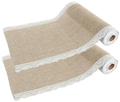 CHAKS Jute tafelloper - 2x - met wit kant - 29 x 500 cm